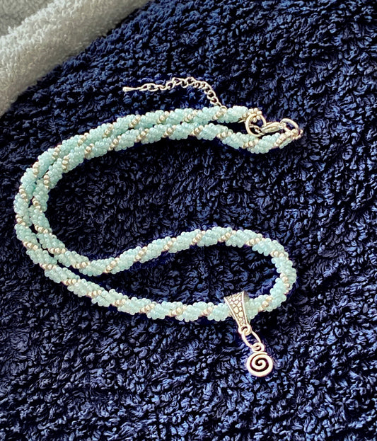handmade beaded rope necklace with light blue & silver beads. handcrafted by creativefusionsfashion