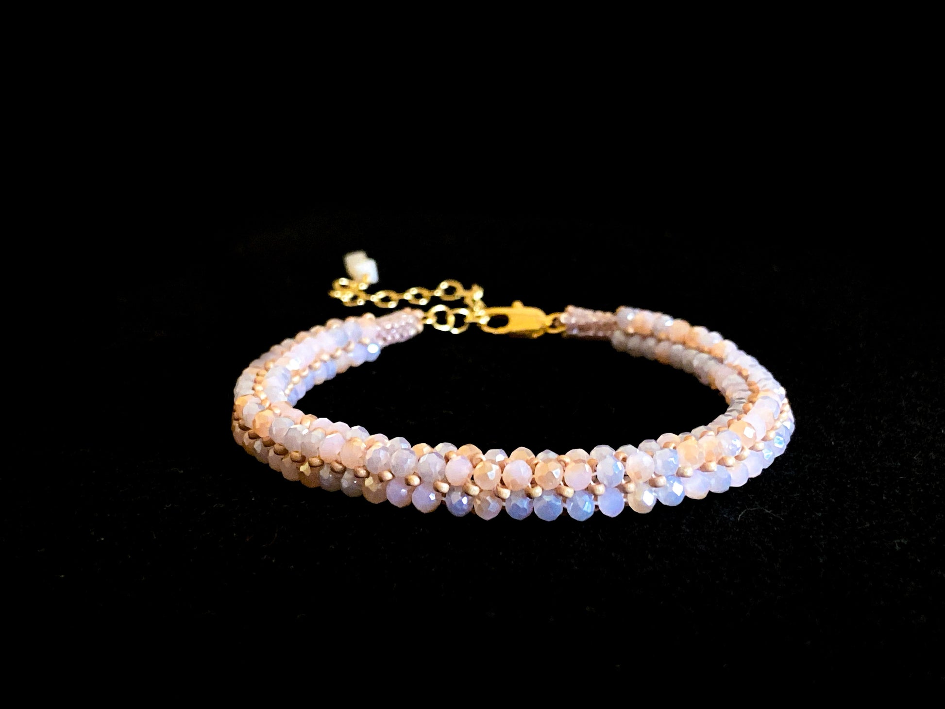 handmade crystal bracelet, tiny pink crystals arranged in a herringbone pattern, handmade by creativefusionsfashion