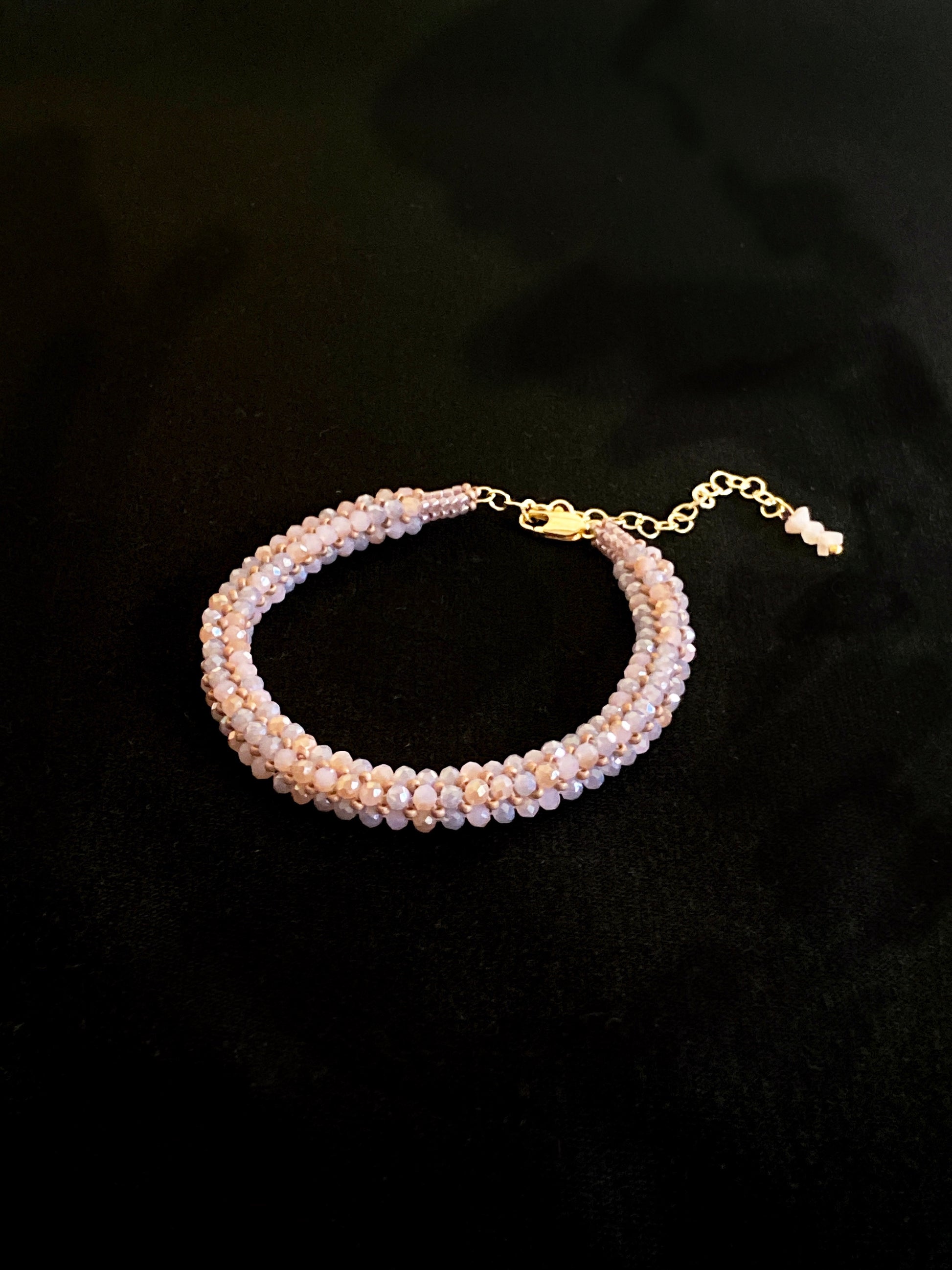 handmade crystal bracelet, tiny pink crystals arranged in a herringbone pattern, handmade by creativefusionsfashion