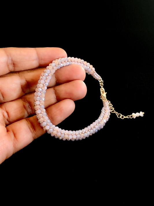handmade crystal bracelet, tiny pink crystals arranged in a herringbone pattern, handmade by creativefusionsfashion.