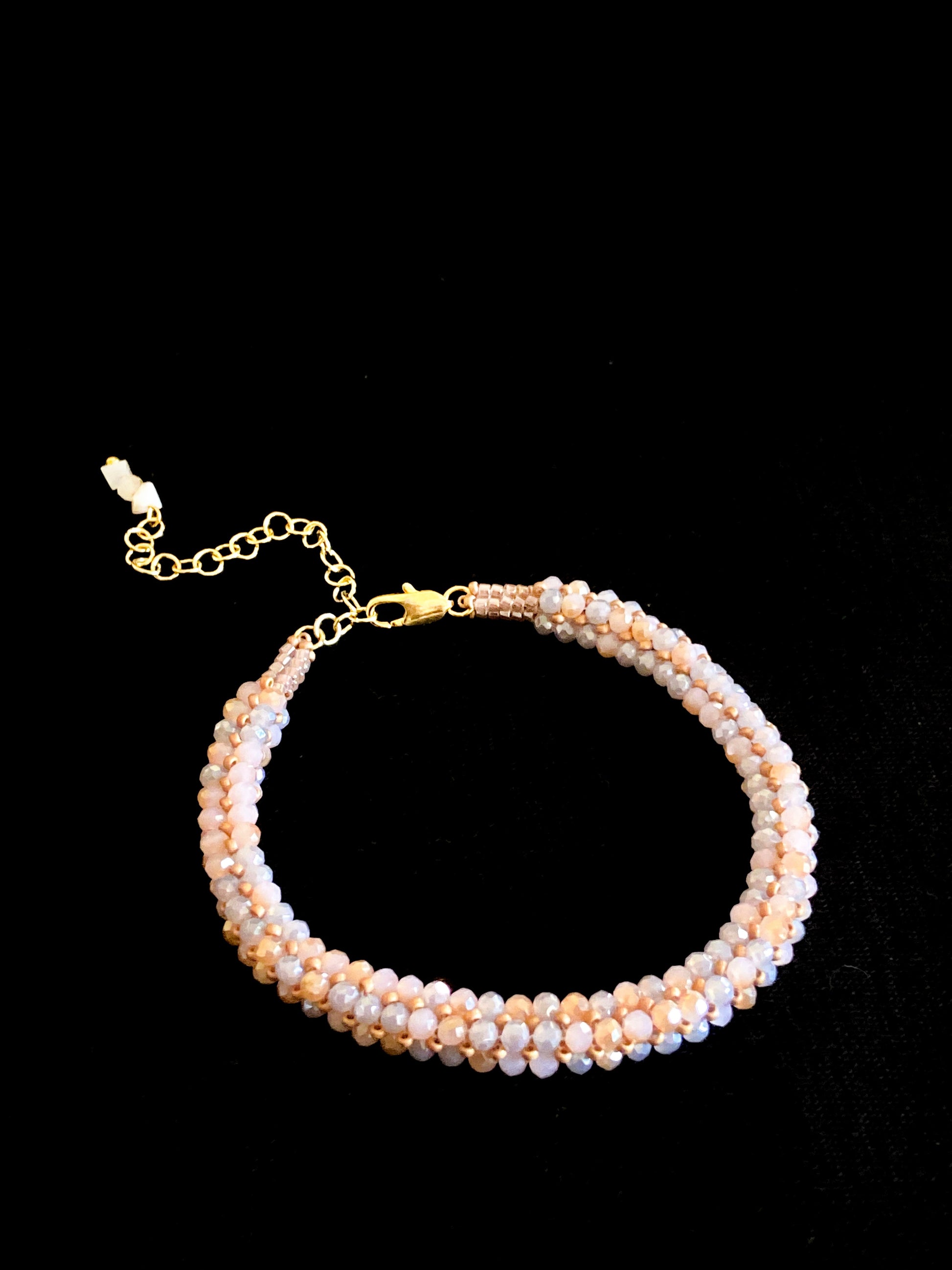 handmade crystal bracelet, tiny pink crystals arranged in a herringbone pattern, handmade by creativefusionsfashion