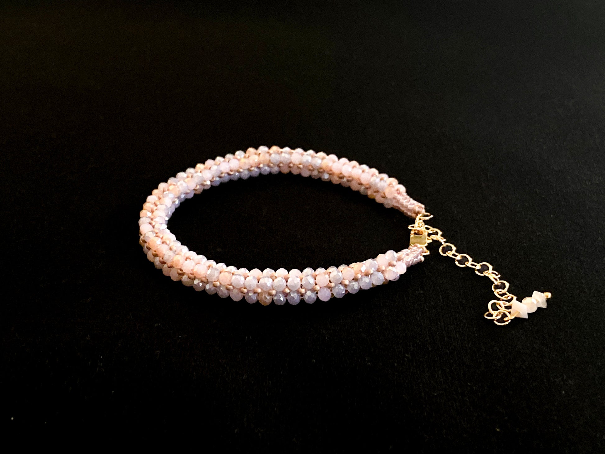 handmade crystal bracelet, tiny pink crystals arranged in a herringbone pattern, handmade by creativefusionsfashion