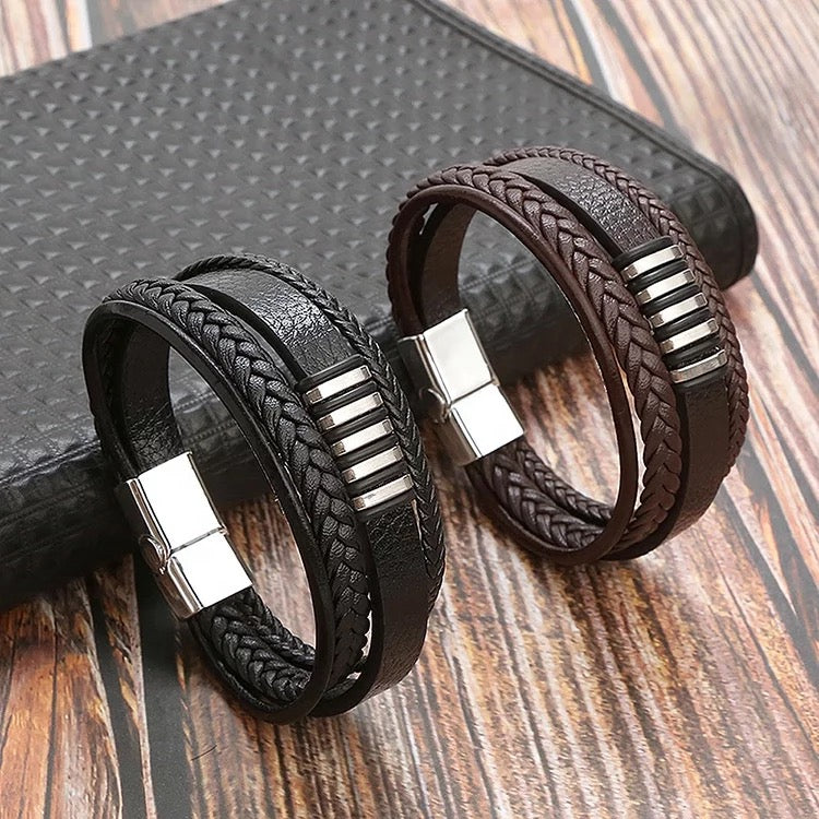 thumbnail image 2 of Handmade Men's Genuine Leather & Stainless Steel Braided Magnetic Bracelet (Brown/Black) 2 of 4