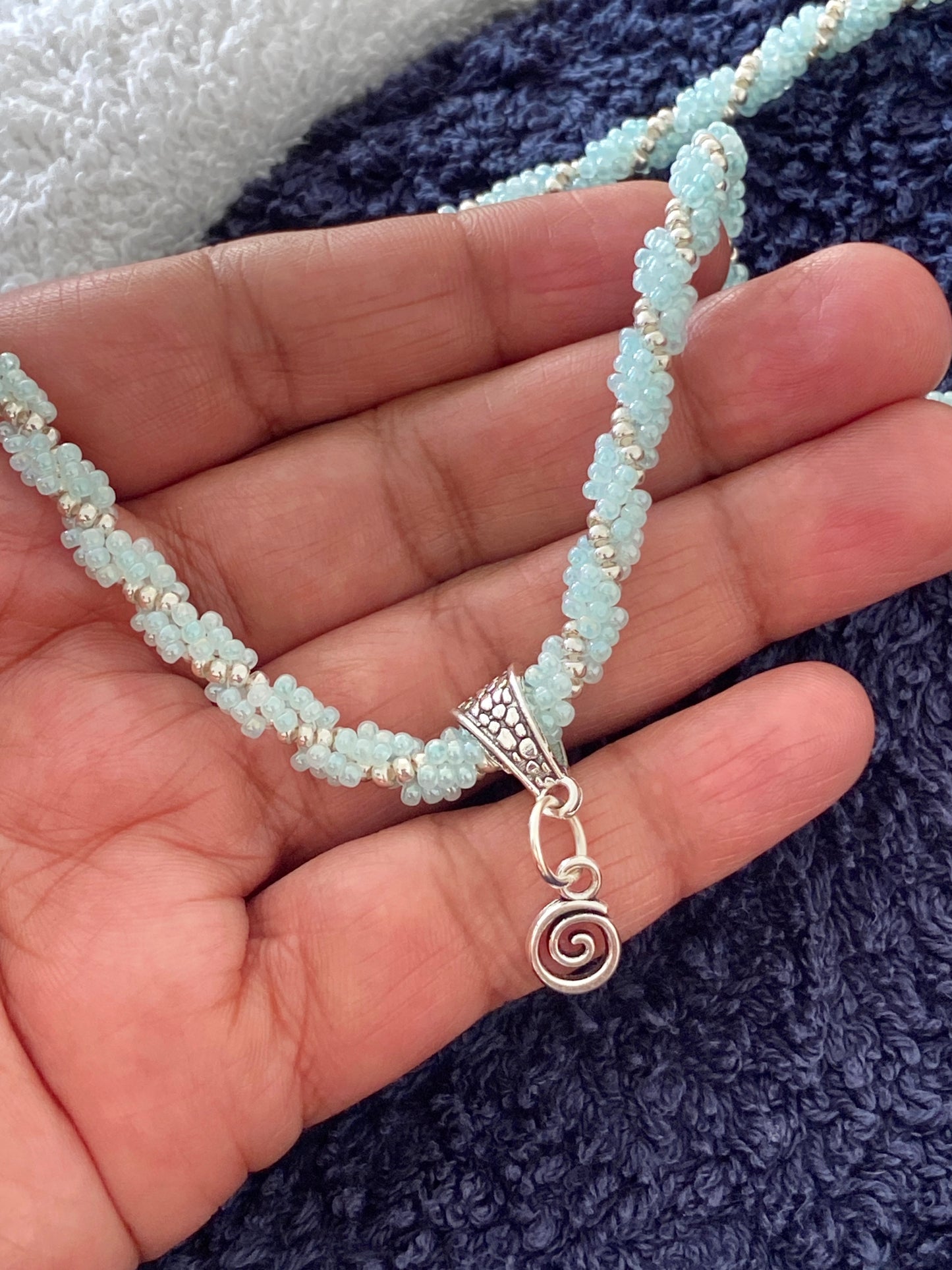 handmade beaded rope necklace with a mini spiral pendant. made by creativefusionsfashion