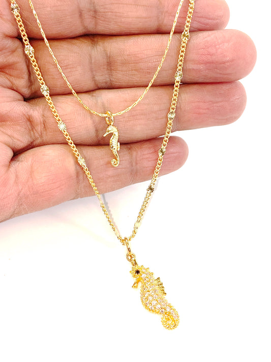 24 Kt Gold plated layered chain with CZ Seahorse pendant